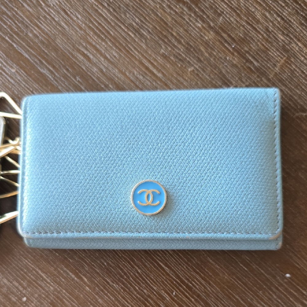 Authentic CHANEL Light Blue Caviar Leather Key Holder